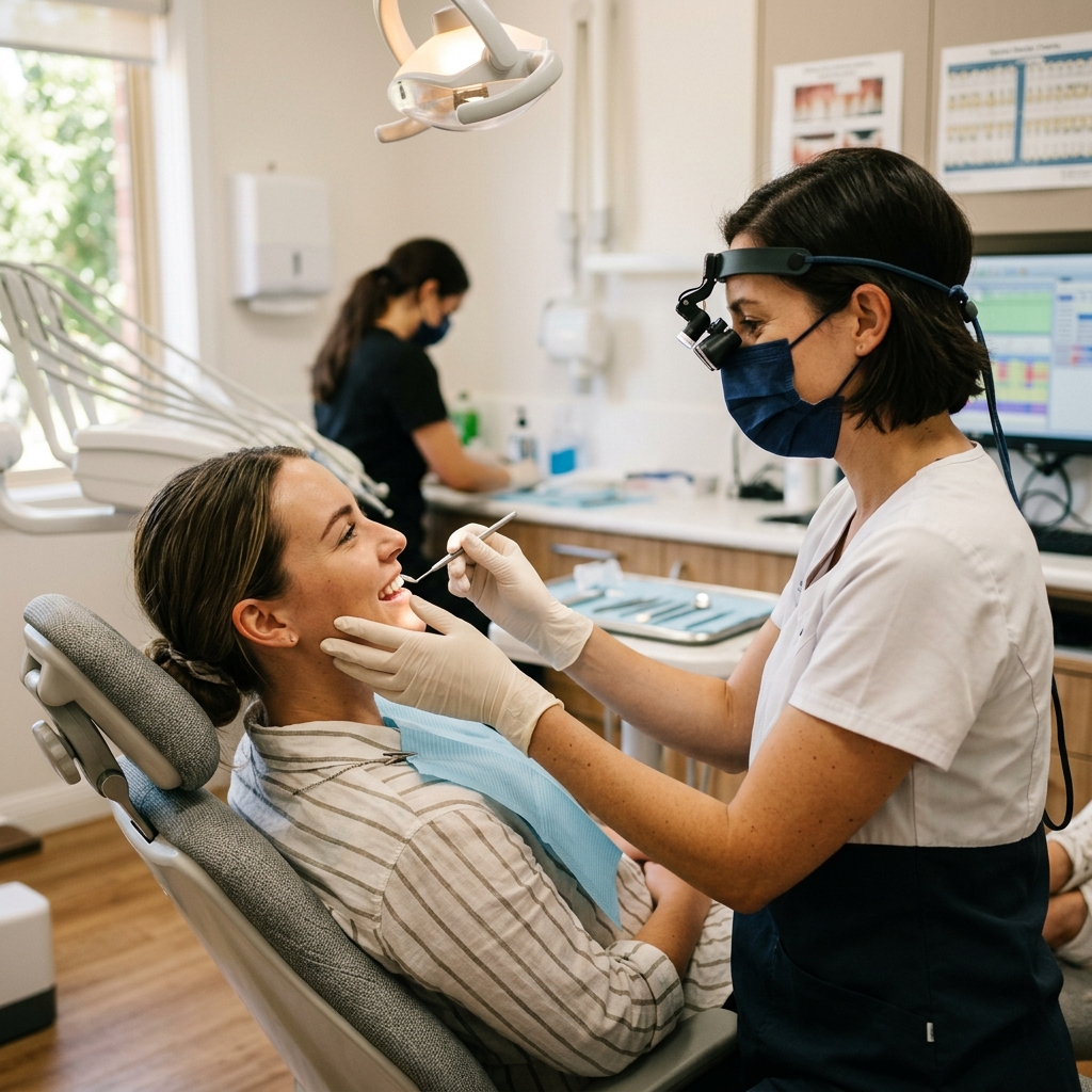 Dentist performing a patient checkup
